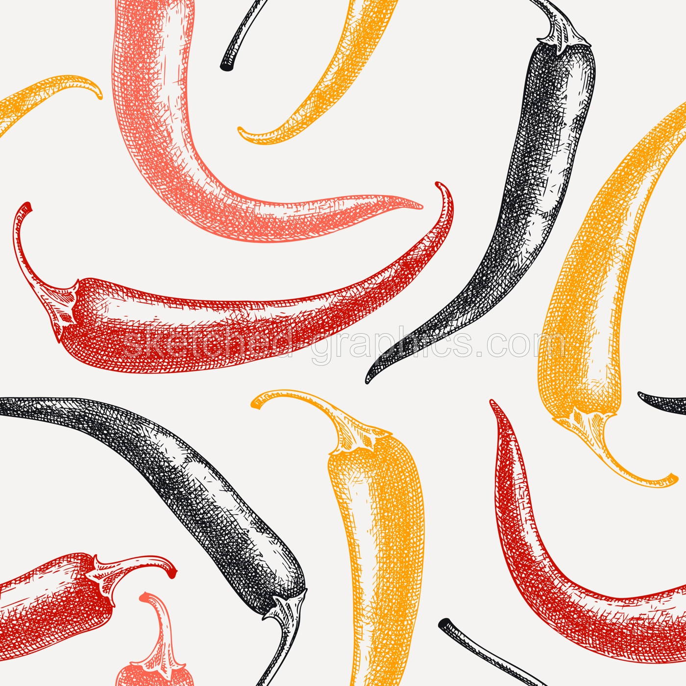Fresh Chili pepper sketches background. Spicy vegetable seamless pattern with tree hand-sketched food plants. Vector backdrop with raw cultivated chili. For grocery, markets, packaging, wrapping paper Illustration